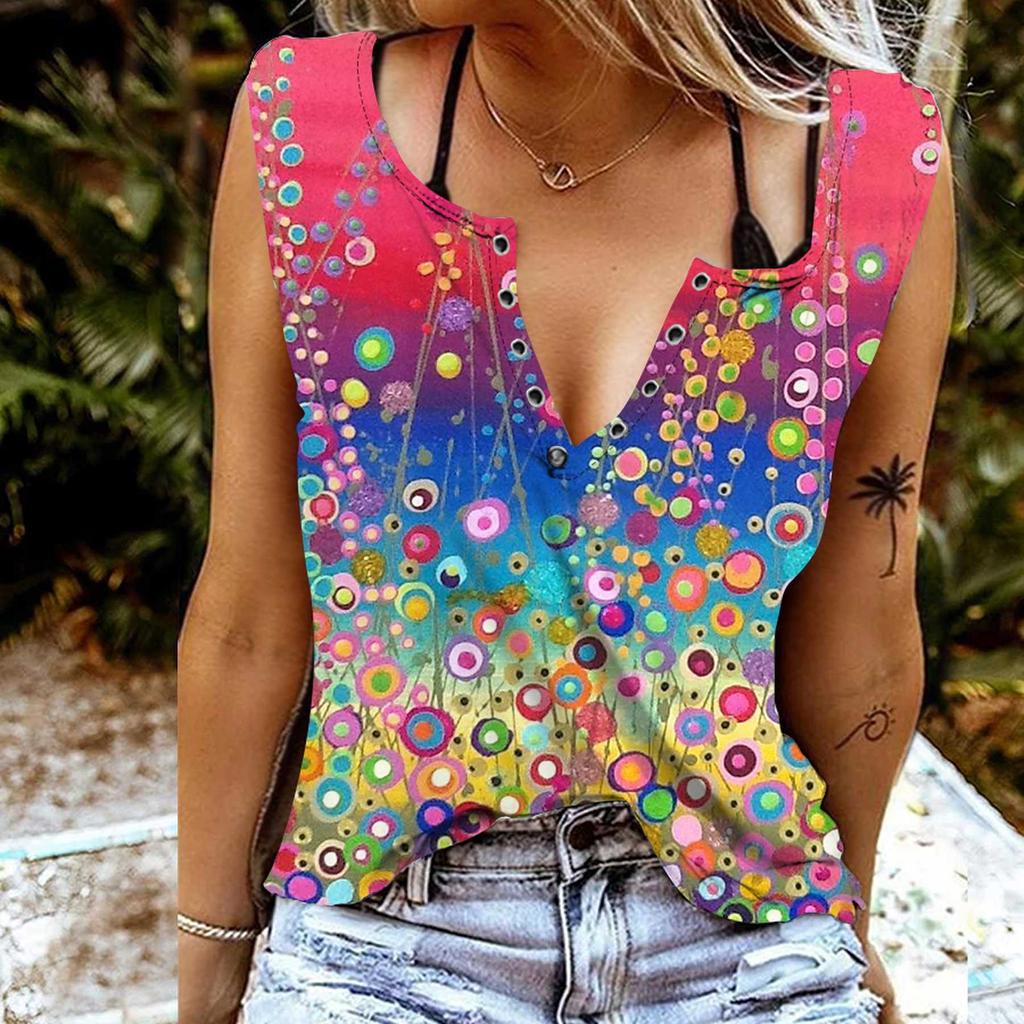 Women Tanks Sexy V Neck Sleeveless Summer Tops Vest 3D Colored Dots Print Cool Lightweight Tops