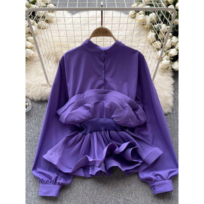 Socialite Puff Sleeves Autumn Waist Trimming Ruffles Shirt