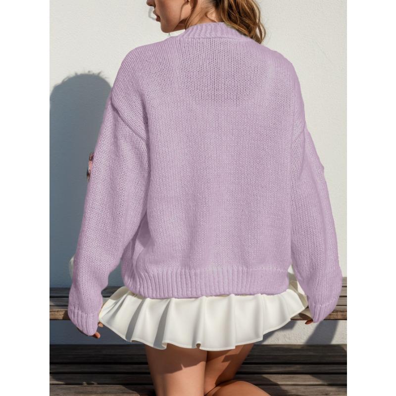 Dam Höst Vinter Söt Stickad Kofta Långärmad Knäppning Lös Varm Tröja Blomtryckt Öppen Framsida Kappa