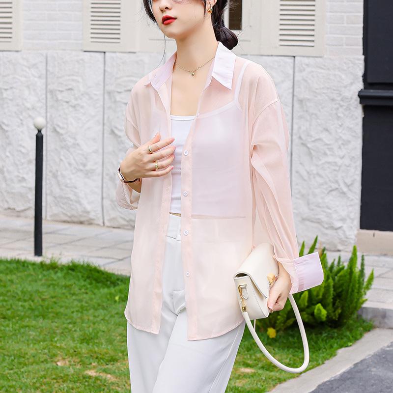 GMXIA Women's Shirt Summer Thin Cardigan Loose Shirt Jacket Ice Silk Sunscreen Clothing Top Long-sleeved Sun Shirt Tide