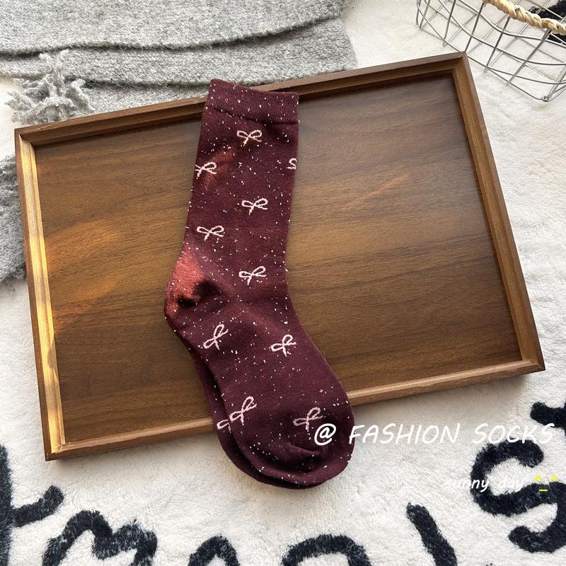 

Female Spring and Autumn Trend Fashion Foreign Style Bow Point Yarn Without Bone In The Tube Pile Socks 1 pair красный