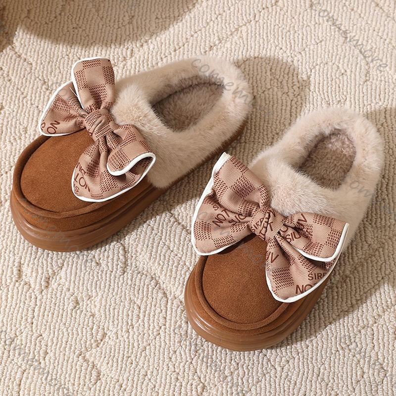 Fashion Comemore Bow Women Winter Toe Wrap Warm Solid Cotton Slippers Thick Soft Sole Slides Femmer Indoor Floor Flat Home Slipper Shoes