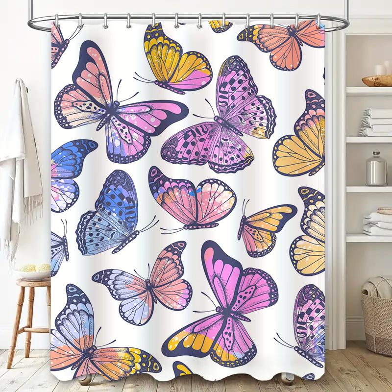 Beautiful Butterfly Pattern Shower Curtain Purple Pink Yellow Blue Flowers Decorative Bathroom Fabric Waterproof Tpu Membrane Wa