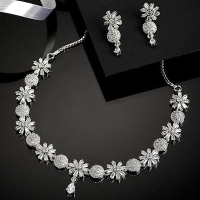 Rhodium Plated Silver Toned White American Diamond Studded Necklace With Earring Jewellery Set For Woment and Girl