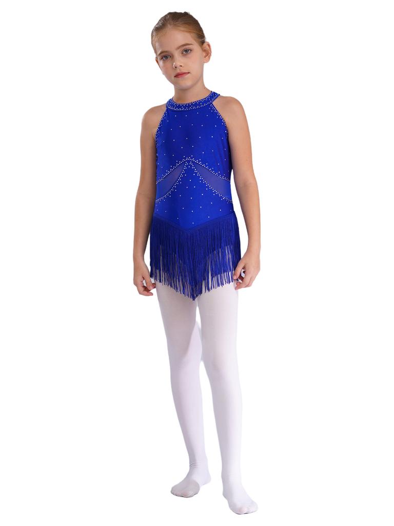 Girls Fringed Leotard Rhinestone Sheer Mesh Patchwork Keyhole Back Tassel Bodysuit Skating Dance Costume
