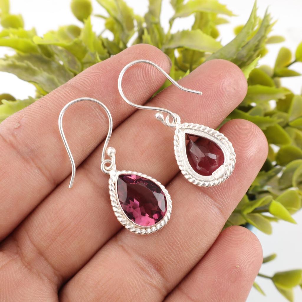 Natural Rhodolite Gemstone 925 Sterling Silver Jewelry Handmade Earrings 1.40" EE-9-37
