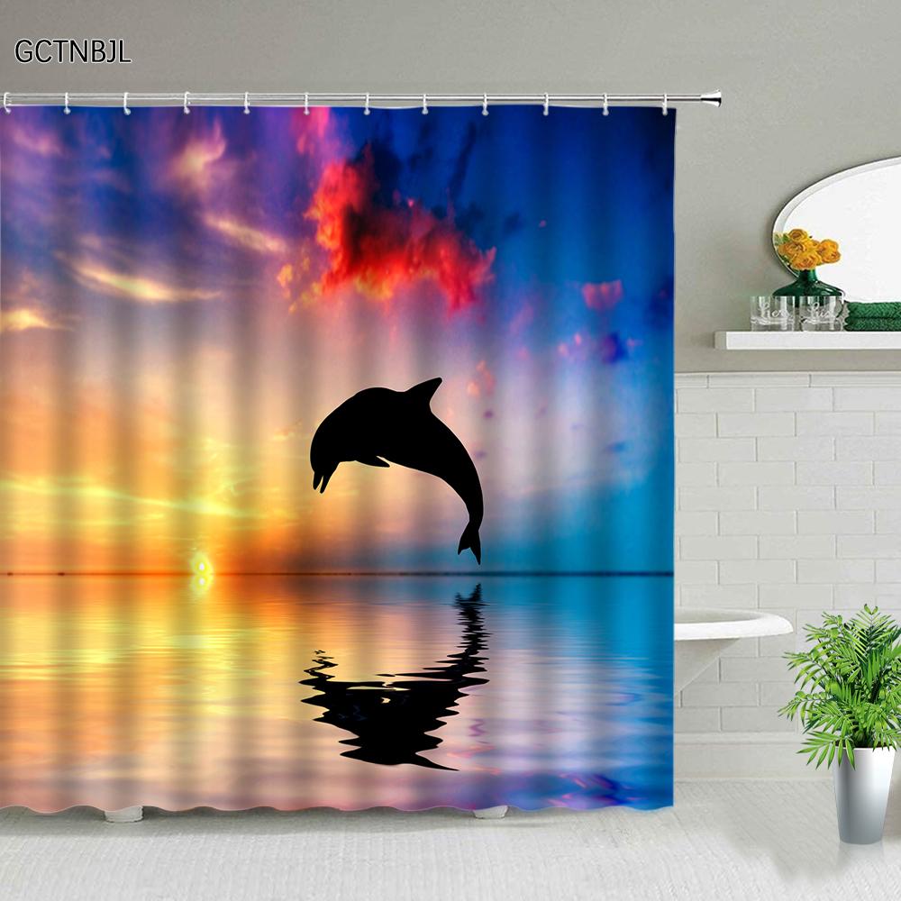Funny Dolphin Shower Curtains Cute Ocean Animal Blue Seawater Sea Wave Scenery Bathroom Decor Cloth Hanging Curtain With Hooks