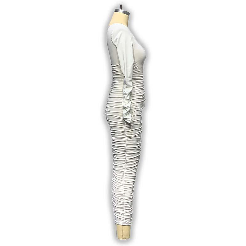 2024 Women's European & American Style Long-Sleeve Square Neck Slim-Fit Pleated Dress