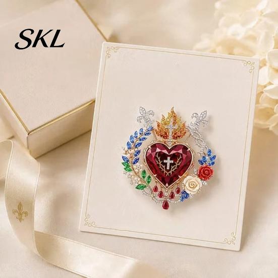 Religious Jewelry 1/2Pcs Radiant Sacred Heart Floral Faux Gemstone Brooch, Christian Pin for Women, Vintage Style Symbol Pin, Coat Dress Scarf,