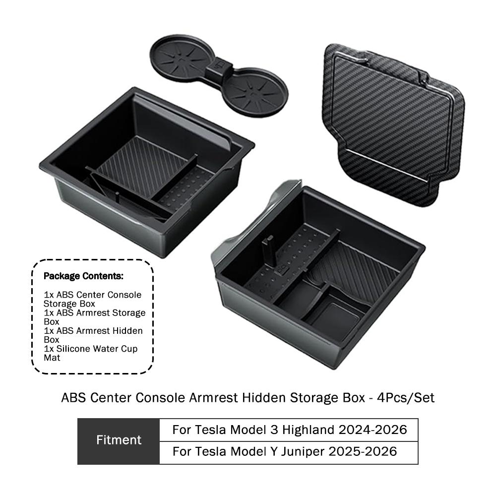 Heenvn For Tesla Model Y Juniper Model 3 Highland Model YL 2026 2025 Car Console Armrest Storage Box ABS Organizer Water Cup Mat