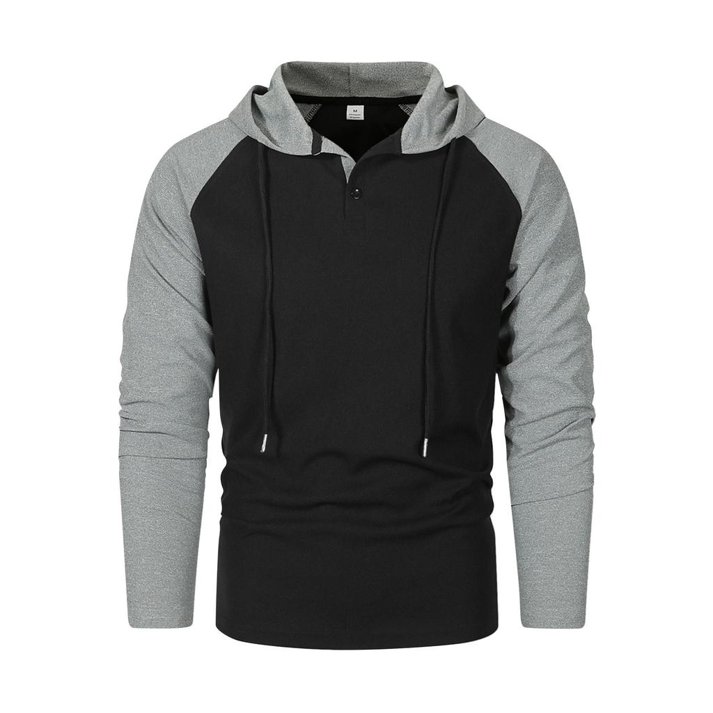 Men's Raglan Sleeve Colorblock Button Collar Hooded Sweatshirt Men's Sports Large Size Casual Pullover Sweatshirt
