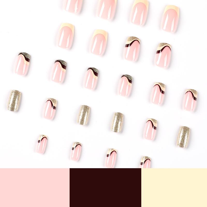 24Pcs/Set Quick Nails French Wave Gold Dust False Nials Sticker Wearable Waterproof Manicure Finished Nails