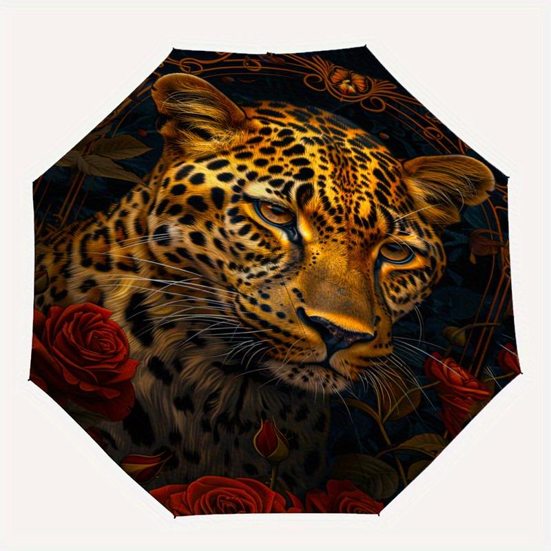 Leopardrosor Tema Automatiskt Öppna/Stäng Paraply, Portabelt 3-delat Kompakt Paraply för Män & Kvinnor, Alla hjärtans dag Mors dag Gåva0725064