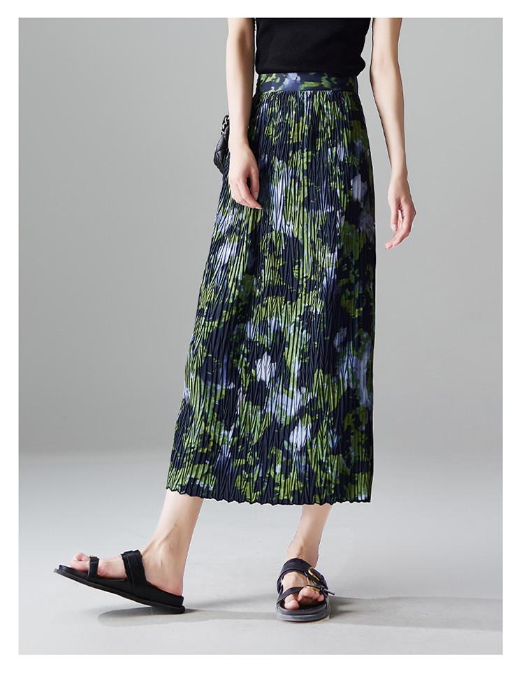 Fashionable printed pleated skirt 2026 summer thin commuting versatile mid length A-line skirt