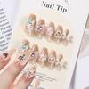 24Pcs Pink French Leopard Hello Kitty False Nails 3D Y2k Star Heart Kitty Cat Rhinestones Press On Nails Cute Cartoon Fake Nails