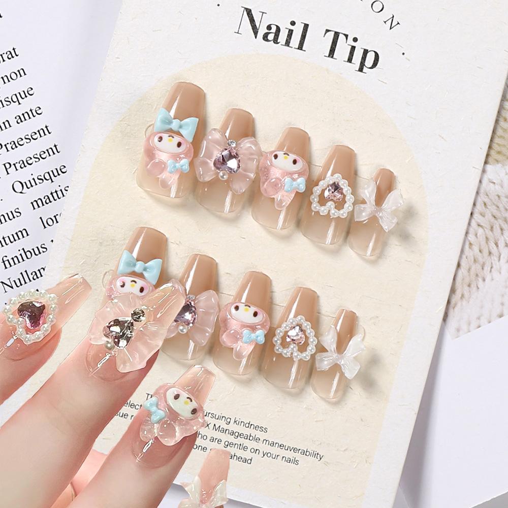 24Pcs Pink French Leopard Hello Kitty False Nails 3D Y2k Star Heart Kitty Cat Rhinestones Press On Nails Cute Cartoon Fake Nails