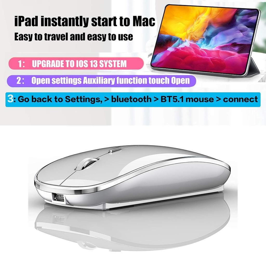 Rechargeable Wireless Bluetooth Mouse for iPad iPad MacBook MacBook and Dell Pro, Air, Mac, Pro, Air, Laptops, Chromebooks, Windows, HP, (Silver)
