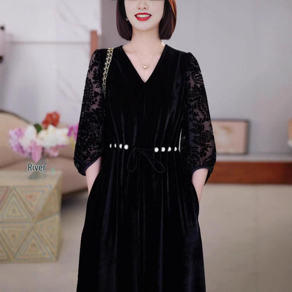 Autumn Gold Velvet Long Sleeve Dress - Slimming Mid-Length Over-the-Knee Skirt