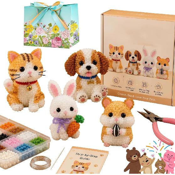 Petite 3D Perlen-Tier Bastelset Handgemachtes Perlenstickerei Set mit bunten Perlen & Anleitung Kreatives Basteln Geschenk für Erwachsene & Anfänger