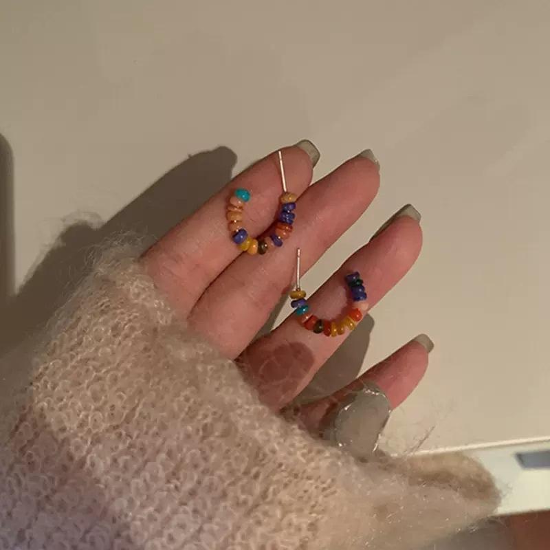 

Japan and Korea cute color beaded earrings women s new trendy autumn and winter earrings simple and cold wind ring earrings