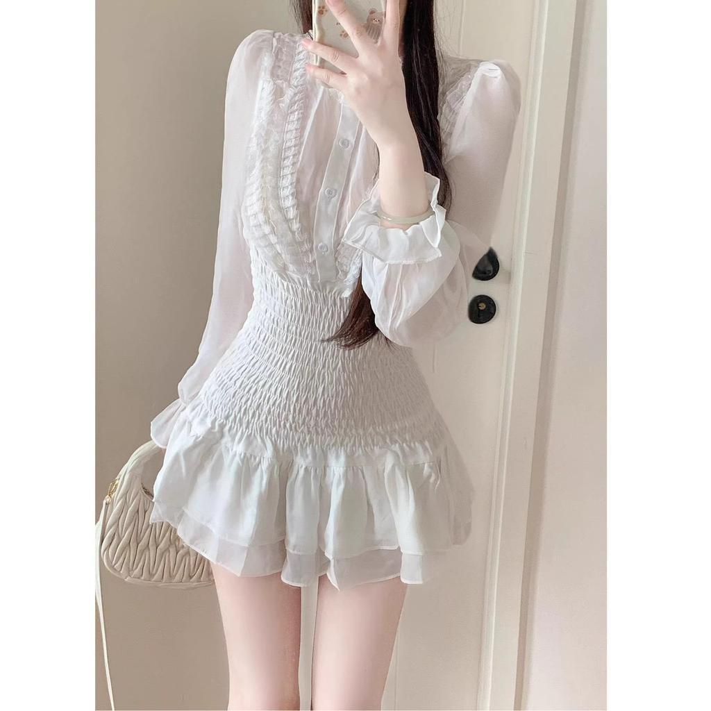 French White Long-sleeved Dress Children's Autumn Temperament Fairy Skirt Waist Thin Short Skirt