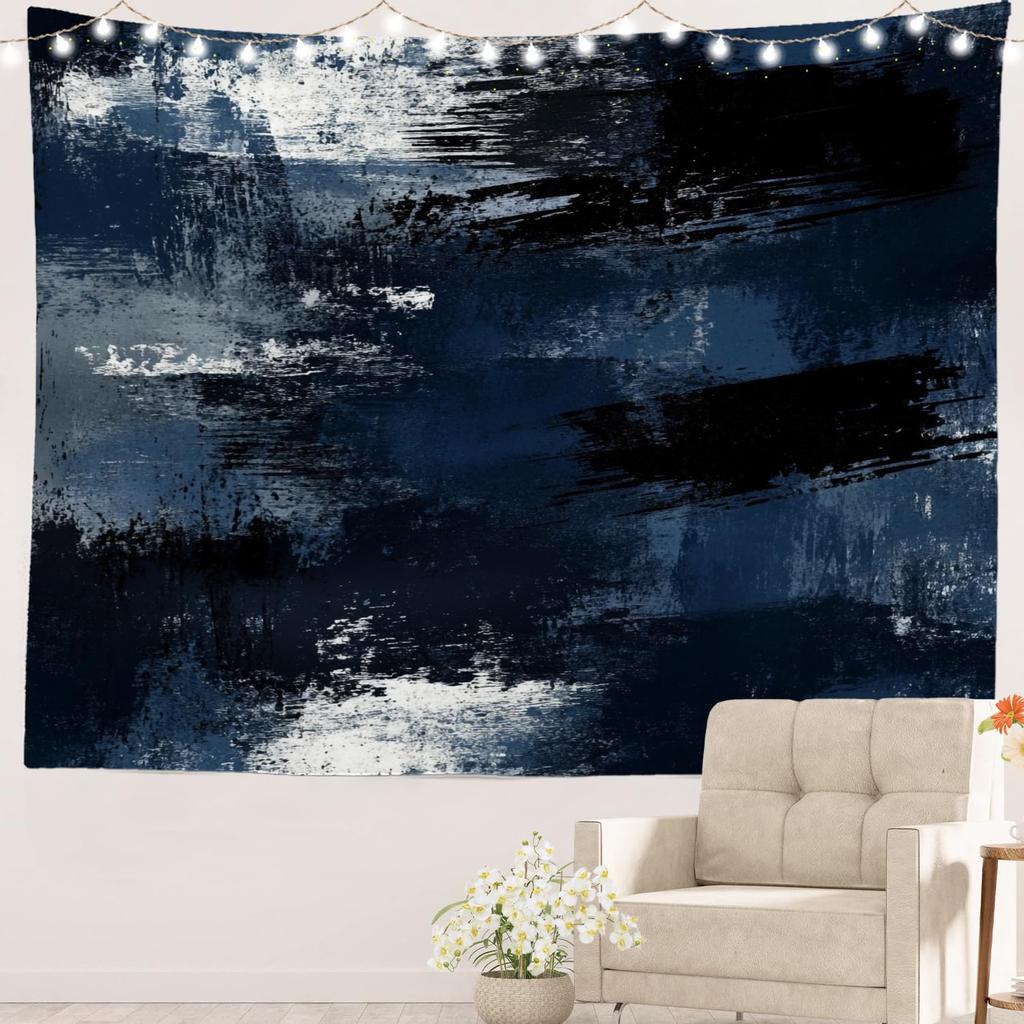 Retro Japanese Cherry Blossom Tapestry, Deep Indigo Flowers Wall Art Hanging Decoration Polyester Fiber White Ruffled Around For