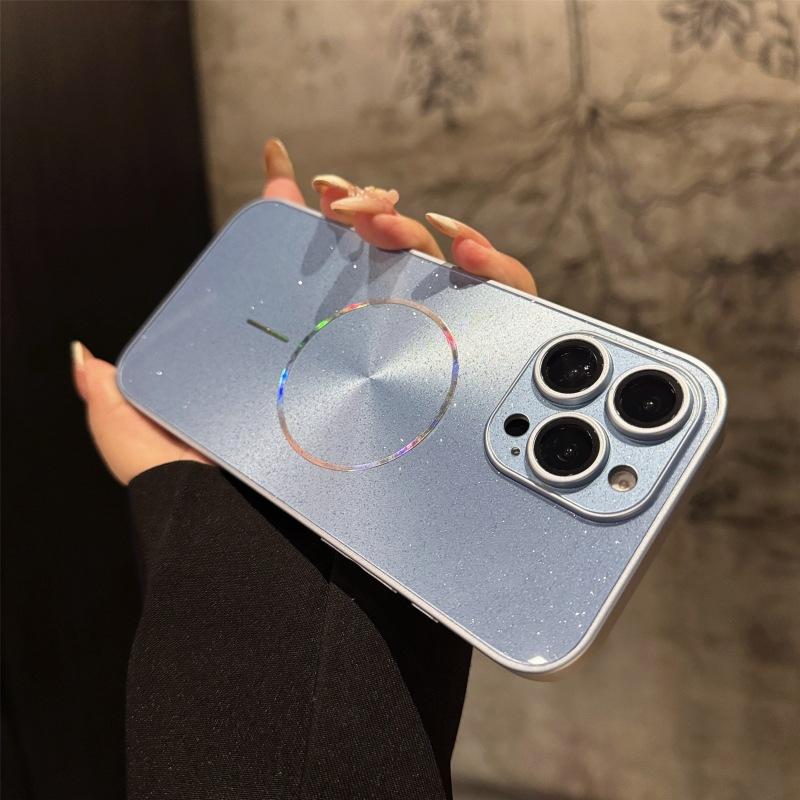 For IPhone 16 Promax Ice Crystal Sparkling Powder Phone Case for Apple 15 All Inclusive Anti Drop Magnetic Simple Protective Cover