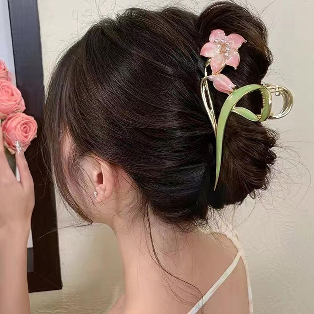 Nouvelle Pince à Cheveux Fleur Métal Pour Femmes Élégante Émail Peint à la Main Huile Gouttant Tulipe Pince Requin Été Accessoires Cheveux Extérieur