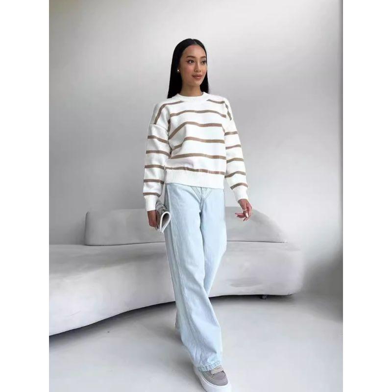 European and American Striped Knitted Round Neck Pullover Long Sleeve Bottoming Shirt Outdoor Sweater Women Knitted Sweater