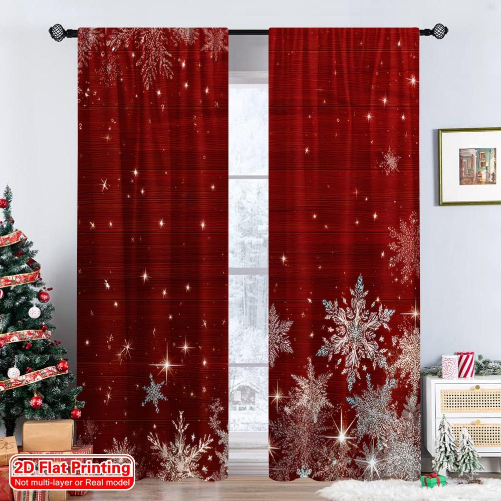 Flat Printing Happy Christmas Party Curtains Red Snowflakes Festive Digital Printed Polyester Drapes Family Curtain Set Of 2 Made Washable