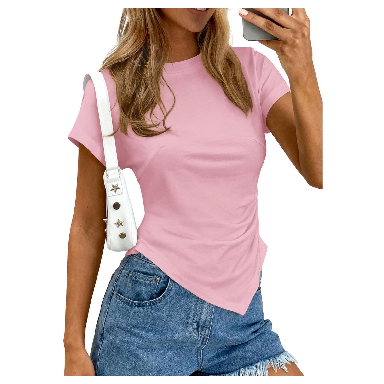 

Модный женский цветной топ с круглым вырезом и асимметричной оборкой XL розовый