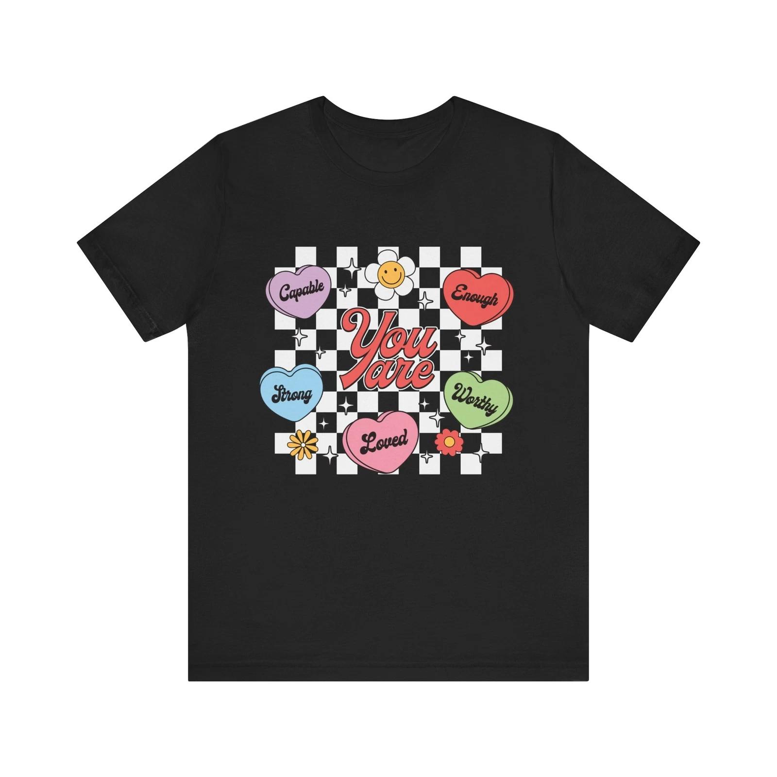 

Unisex Size You Are Enough Retro Checkerboard Heart Positive Valentine T-Shirt XL