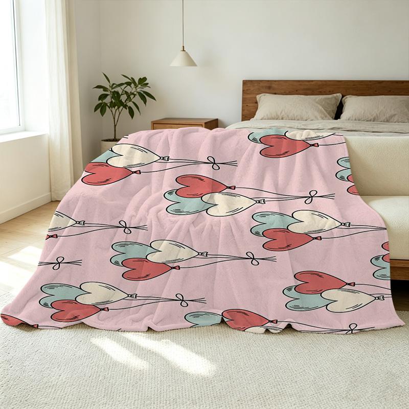 Thick Warm Flannel Throw Blanket - Soft Cozy Skin-friendly Heart Balloon Pattern, Ideal for Guest Room Single, Home Decor, Christmas & Halloween