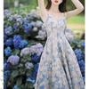 Women's French Blue Floral Strappy Maxi Dress & Waist-Cinched Skirt Cardigan Set - New Arrival for Spring/Summer 2026.