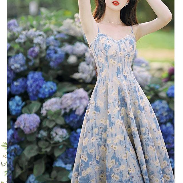 Women's French Blue Floral Strappy Maxi Dress & Waist-Cinched Skirt Cardigan Set - New Arrival for Spring/Summer 2026.