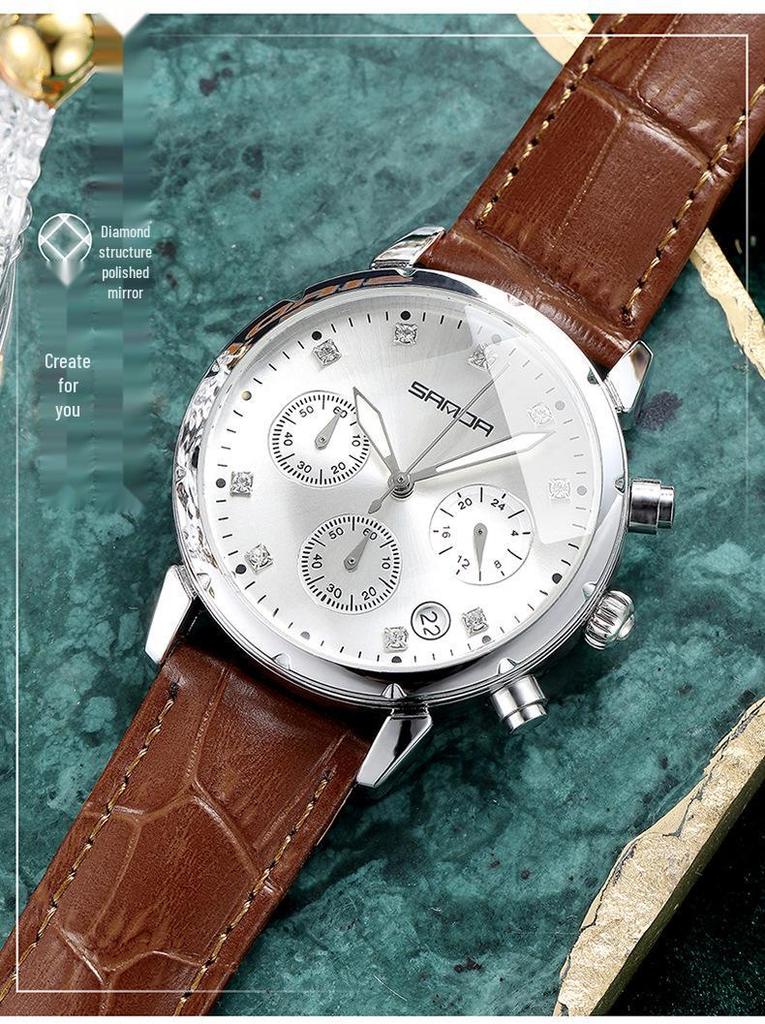 Sanda Women's Trendy Korean Style Casual Watch with Small Seconds, Inlaid Diamonds, and Waterproof Leather Strap