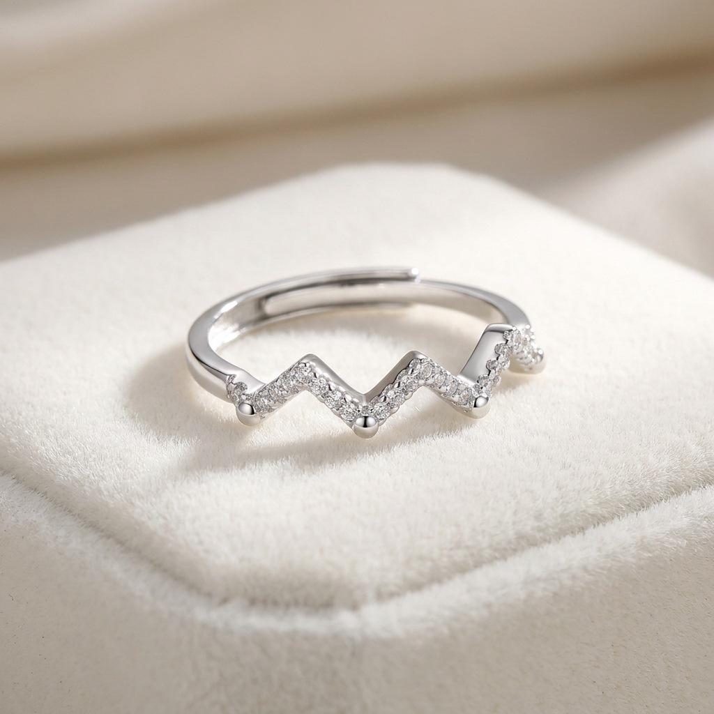 Adjustable S925 Sterling Silver Heartbeat Wave Diamond Ring for Women – Sweet Girly Accessory