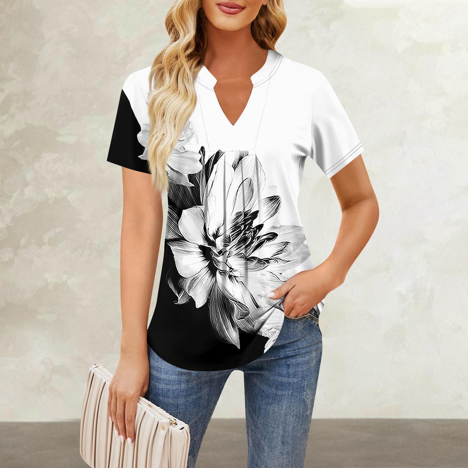 Женская повседневная свободная футболка с коротким рукавом и v-образным вырезом на груди — фото 12