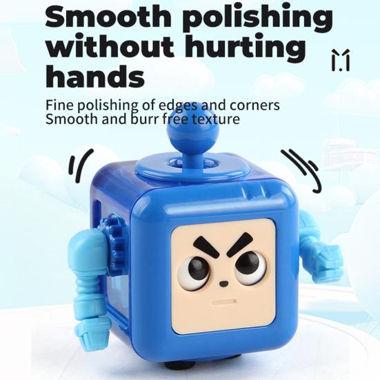 6-Side Stress Relief Cube Toy Multifunctional Anxiety Relief Cartoon Robot Sensory Cube with Spinning Arm Popping Button Joystick Toggle Switch