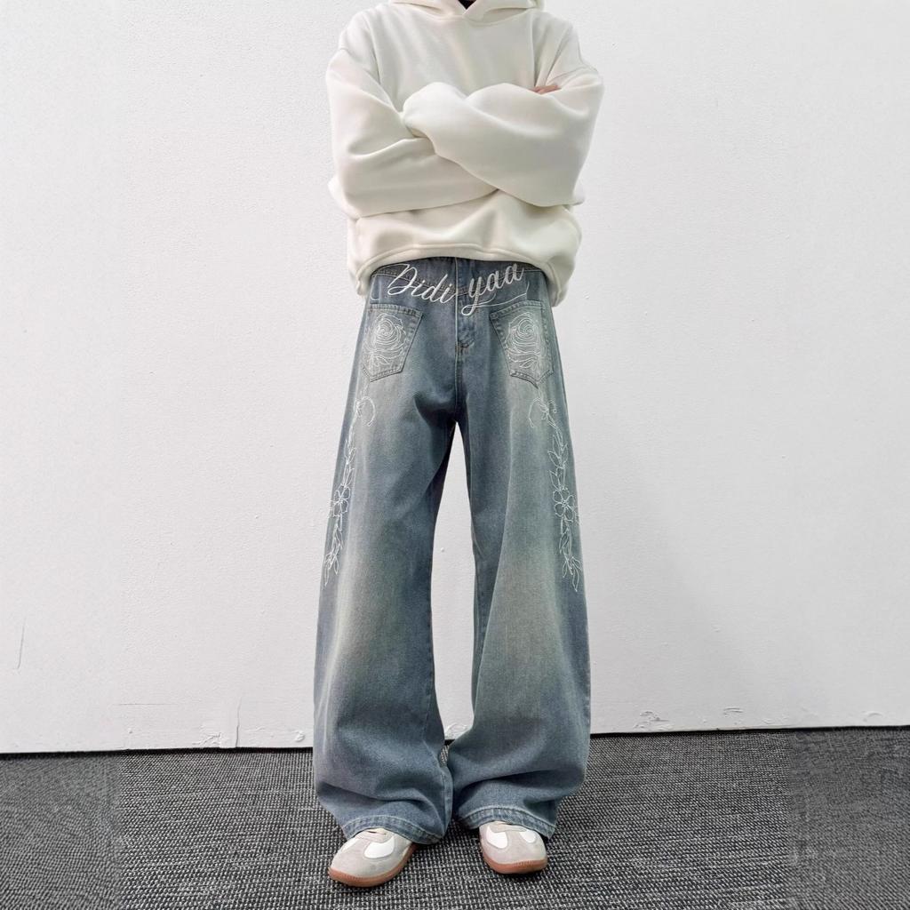 Vintage embroidered curved knife jeans for men and women, new autumn high street design loose, slimming straight-leg wide-leg pants