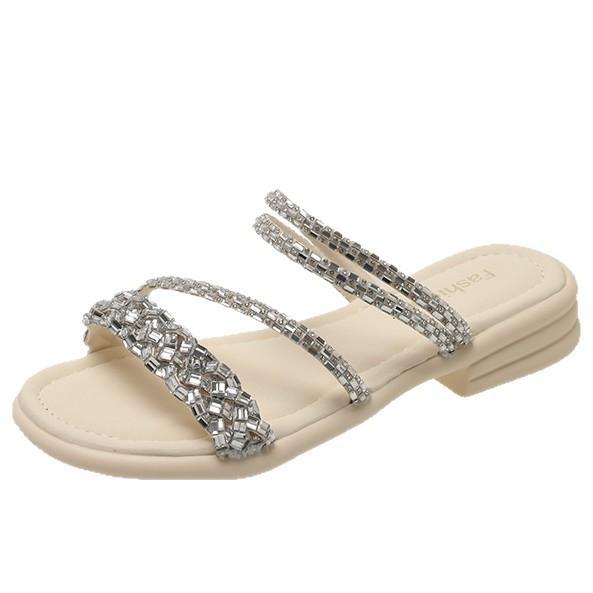 With Fashionable Square Head High Heels Thick Heel Slippers Rhinestone 2025 Summer New Thin Belt Wear Cool Slippers Women