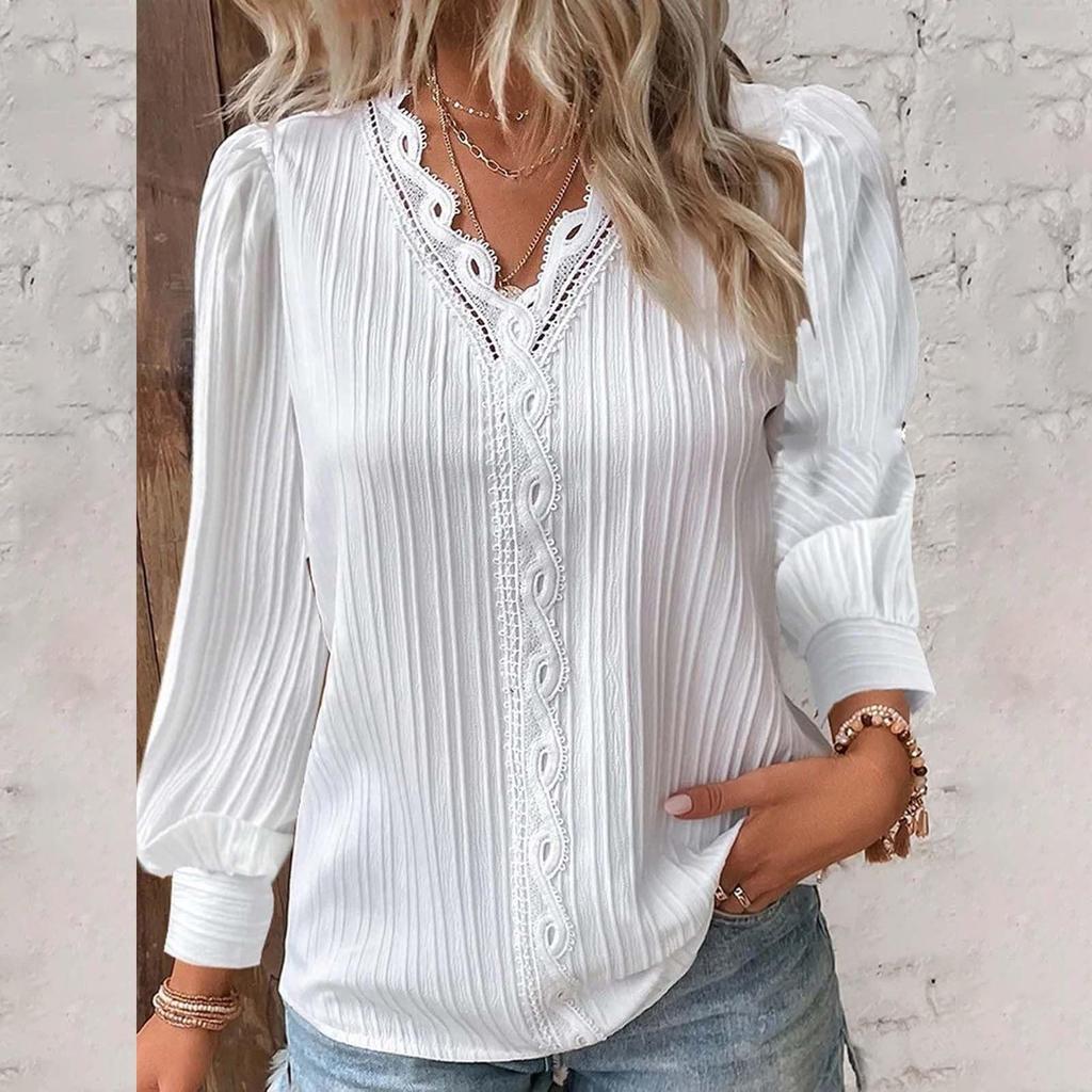Women's Long-sleeved V-neck Lace Stitching Shirt