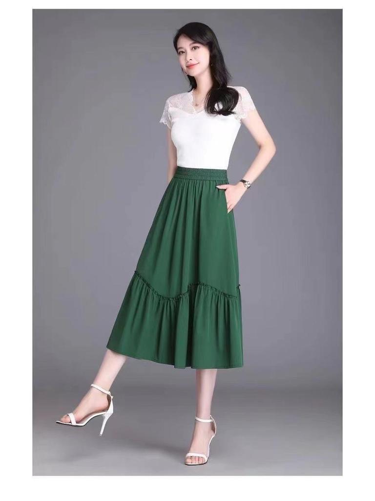 Plus Size High-Waist Pleated A-Line Skirt - Summer Slimming Elastic Swing Skirt for Moms