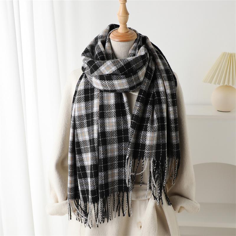 Cachecol Lenço Quente e Frio de Imitação de Caxemira Moda Outono e Inverno High-End Xadrez Elegante Versátil Cachecol com Franjas