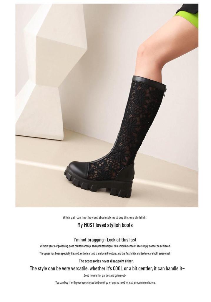 Versatile Platform Mesh Round Toe Thick Sole Long Boots, Slimming High Top, Plus Size 34-43