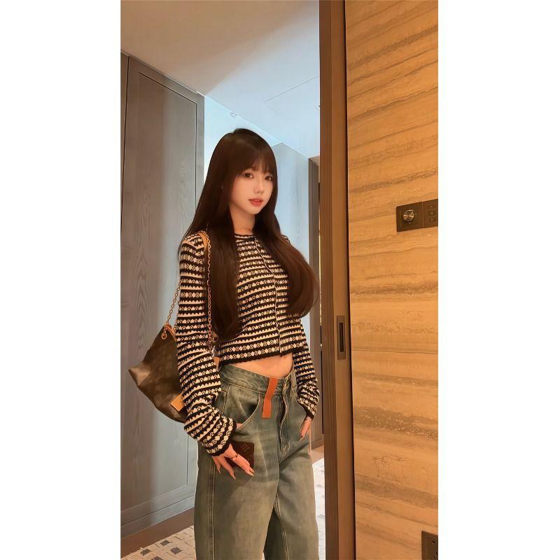 Kumikumi Graceful Retro Contrast Color Stripe Long sleeve Knit Women clothes Autumn Short Slimming Versatile Top