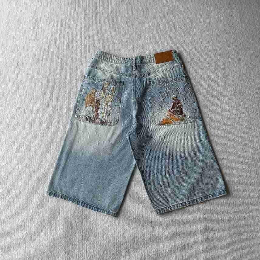 Cross Border Derschutze Deserto Musa Velo Ricamo Industria Pesante Pantaloncini Dritti Street Vintage Tendenza Jeans