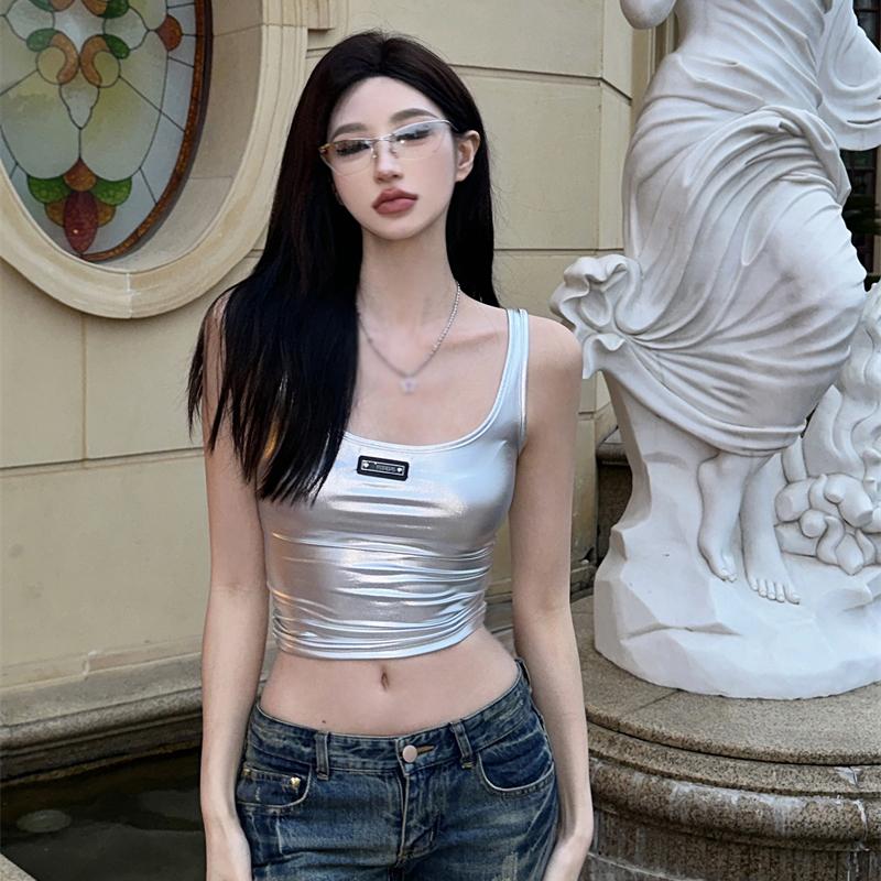 

Женский укороченный топ серебристого цвета, тонкий топ без рукавов One Size серебряный