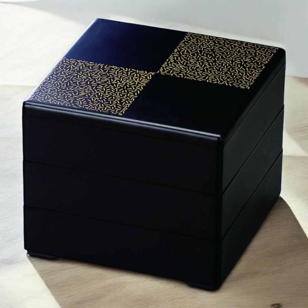 J-kitchens Lacquerware 3-Tiered Jubako Box, 7.0 inches, Matte Black with Gold Checkered Pattern, 21.0cm, Resin, Made in Japan