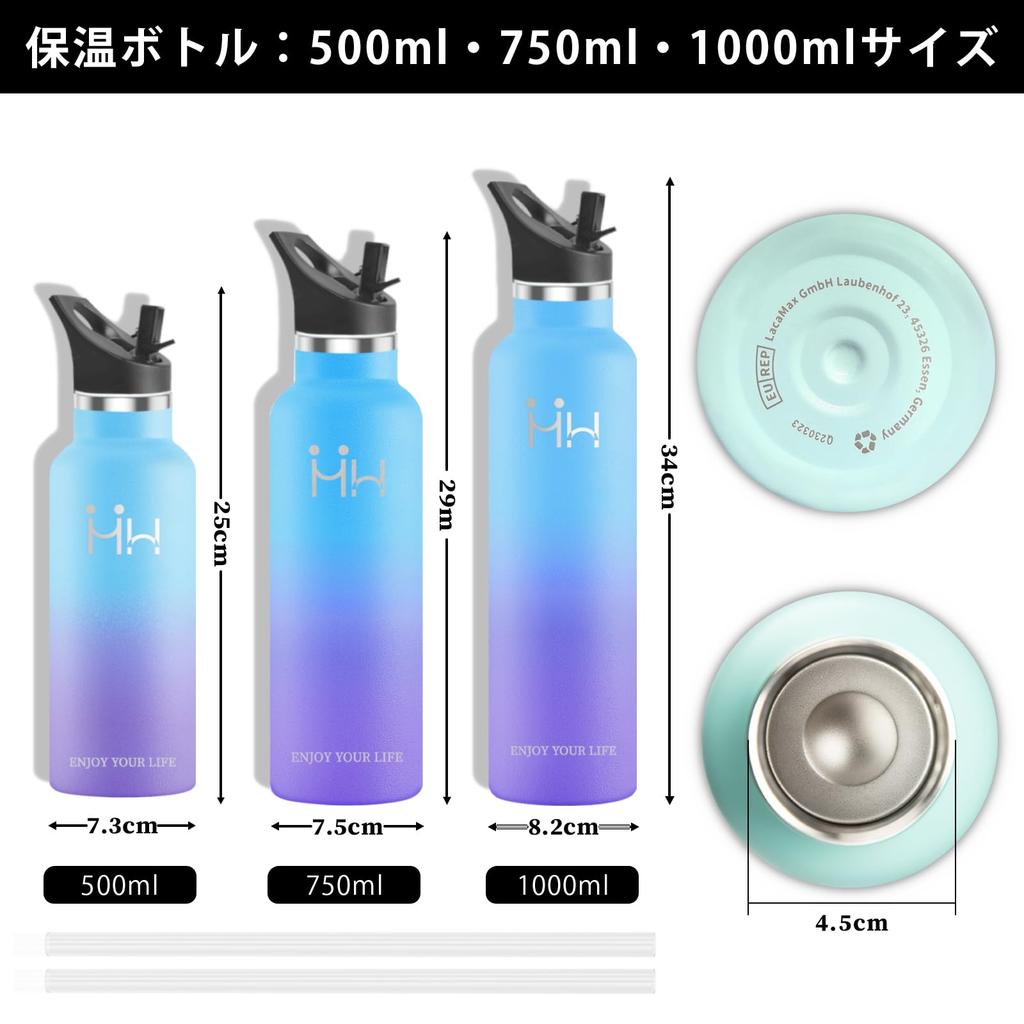 YANGYAO 500ML Vacuum Insulated Water Bottle, Insulated with Double Wall, Wide Mouth, Stainless Steel Straw, Carbonated Drinks Compatible, Suitable